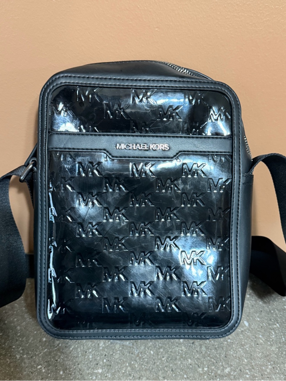 Michael Kors Black Patent MK Embossed Messenger Bag